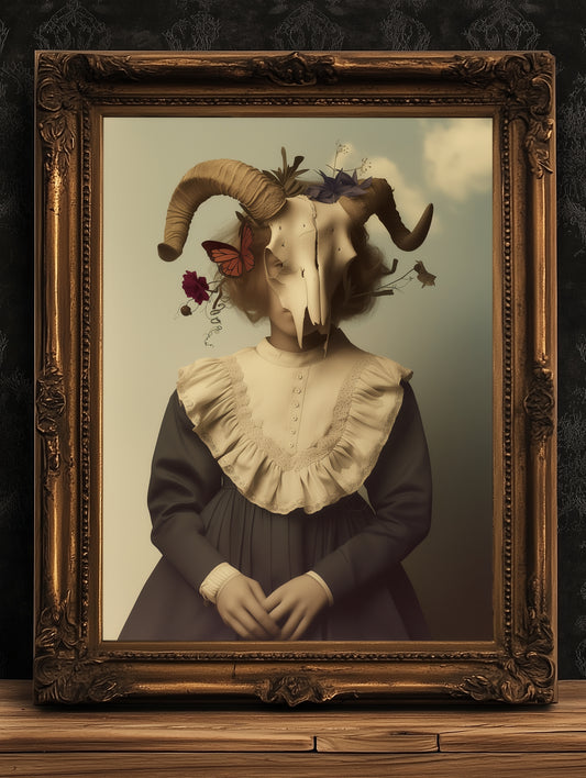 Goth Masked Girl Poster, Rococo Victorian Animal Skull Painting, Dark Academia Print, Goth Interior Wall Art, Moody Witchy Art