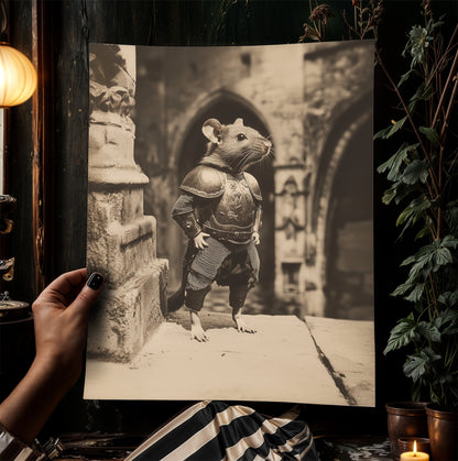 D'artagnan, Vintage Rat Knight Wall Art Hanging, Medieval Mouse Warrior Print in Armor, Castlecore Poster, Rat Lover Gift