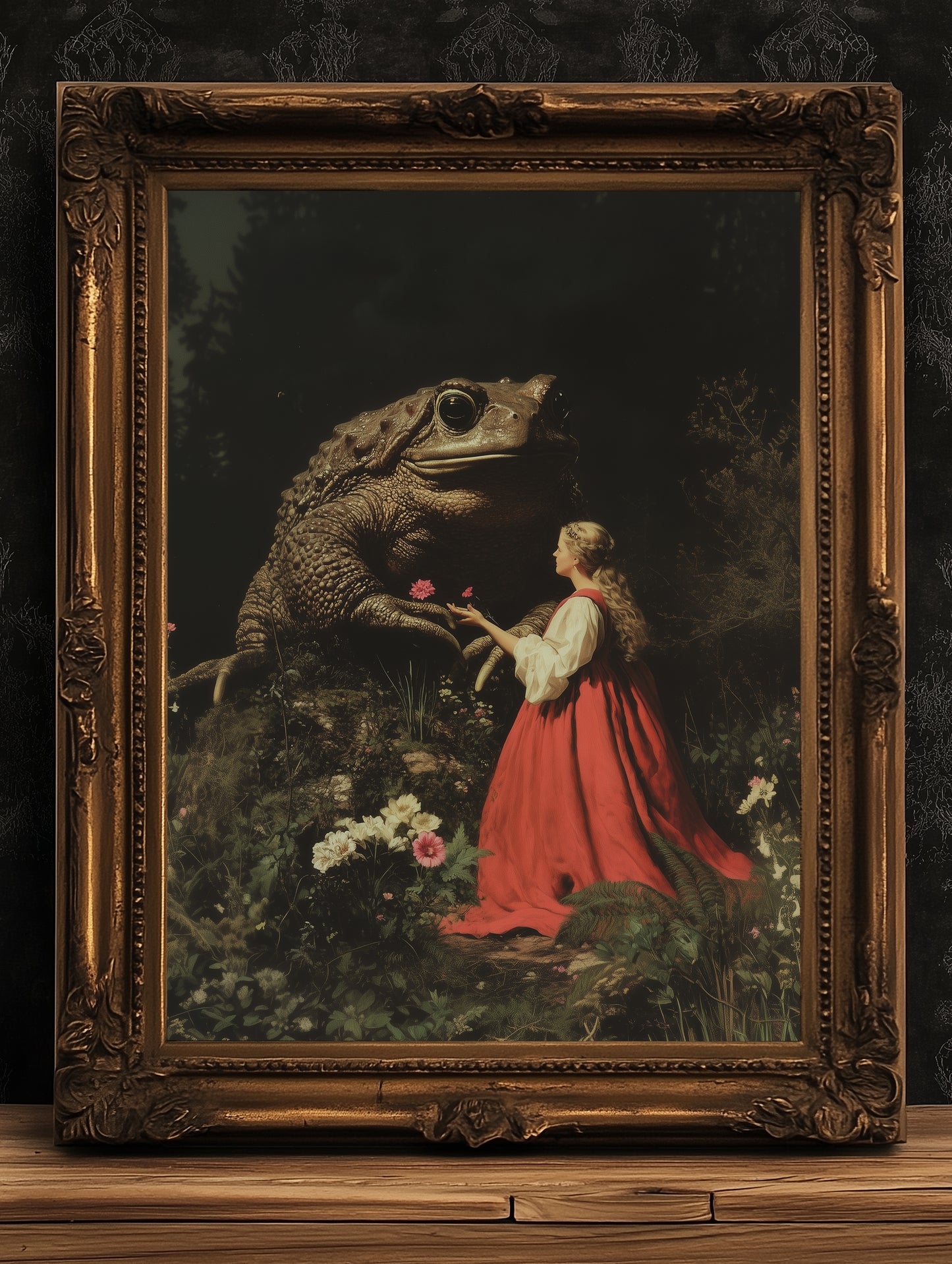The Princess and the Enchanted Toad, Goblincore Poster, Whimsical Fantasy Surreal Landscape Wall Art Print