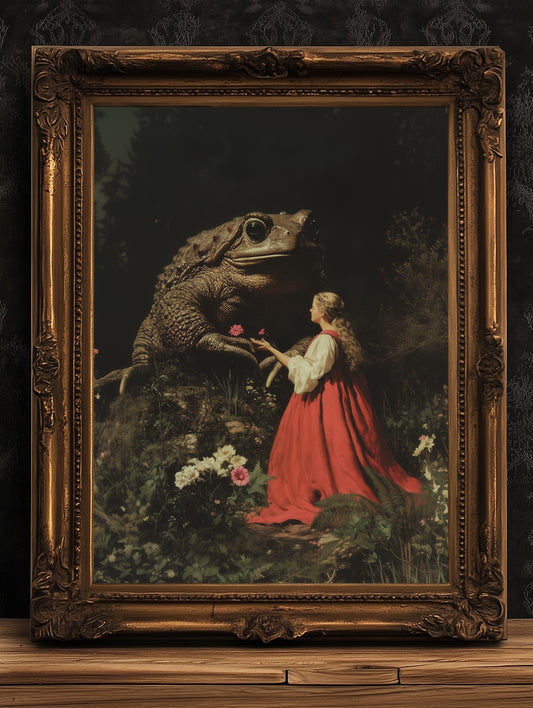 The Princess and the Enchanted Toad, Goblincore Poster, Whimsical Fantasy Surreal Landscape Wall Art Print