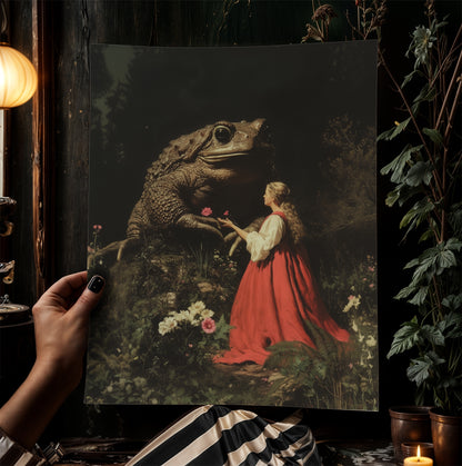 The Princess and the Enchanted Toad, Goblincore Poster, Whimsical Fantasy Surreal Landscape Wall Art Print