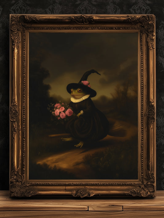Floral Witch Frog Riding A Broom, Vintage Gallery Wall Art Painting Poster, Dark Academia Decor, Gothic Victorian, Occult Wicca Fantasy