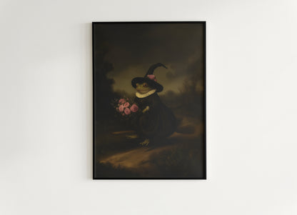 Floral Witch Frog Riding A Broom, Vintage Gallery Wall Art Painting Poster, Dark Academia Decor, Gothic Victorian, Occult Wicca Fantasy