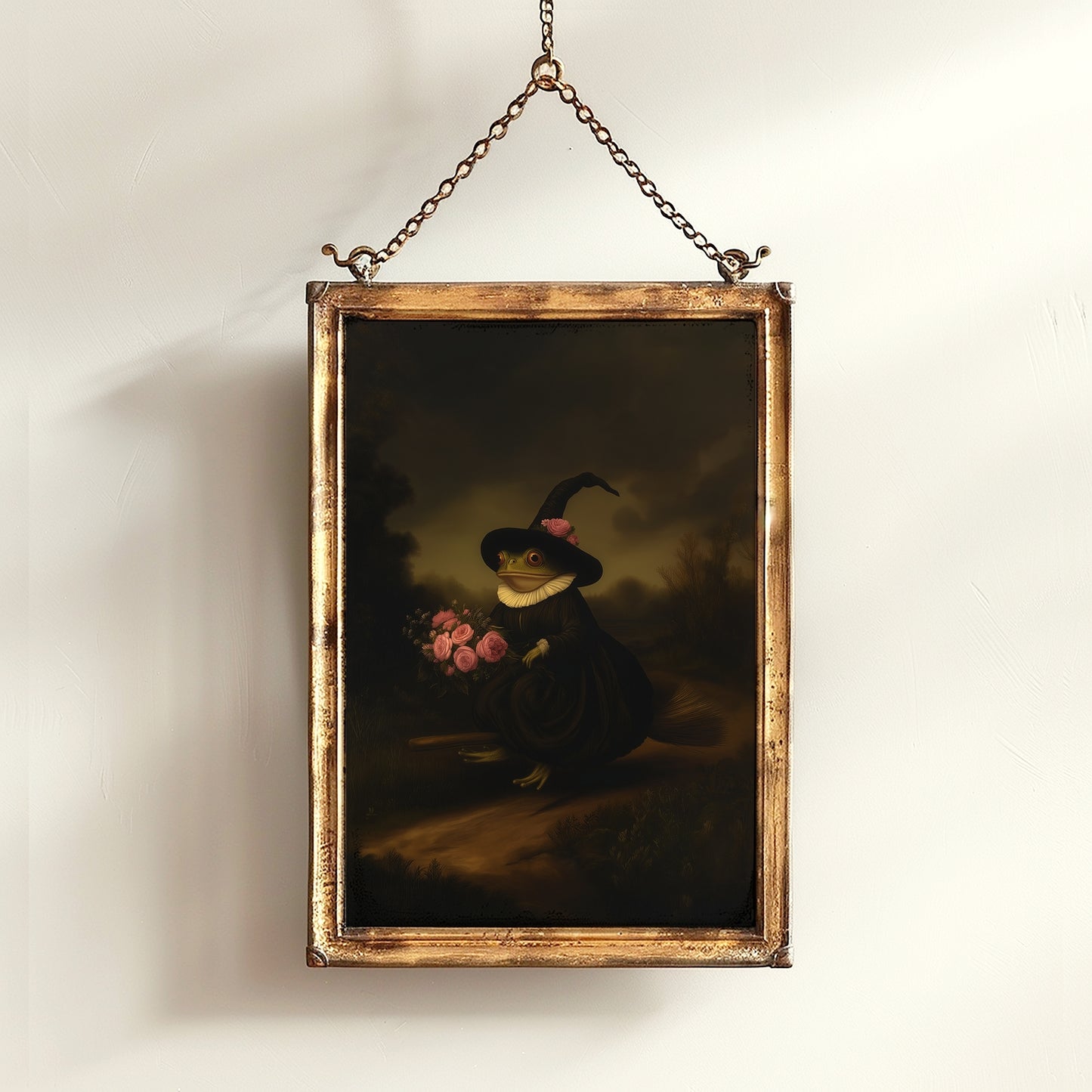 Floral Witch Frog Riding A Broom, Vintage Gallery Wall Art Painting Poster, Dark Academia Decor, Gothic Victorian, Occult Wicca Fantasy