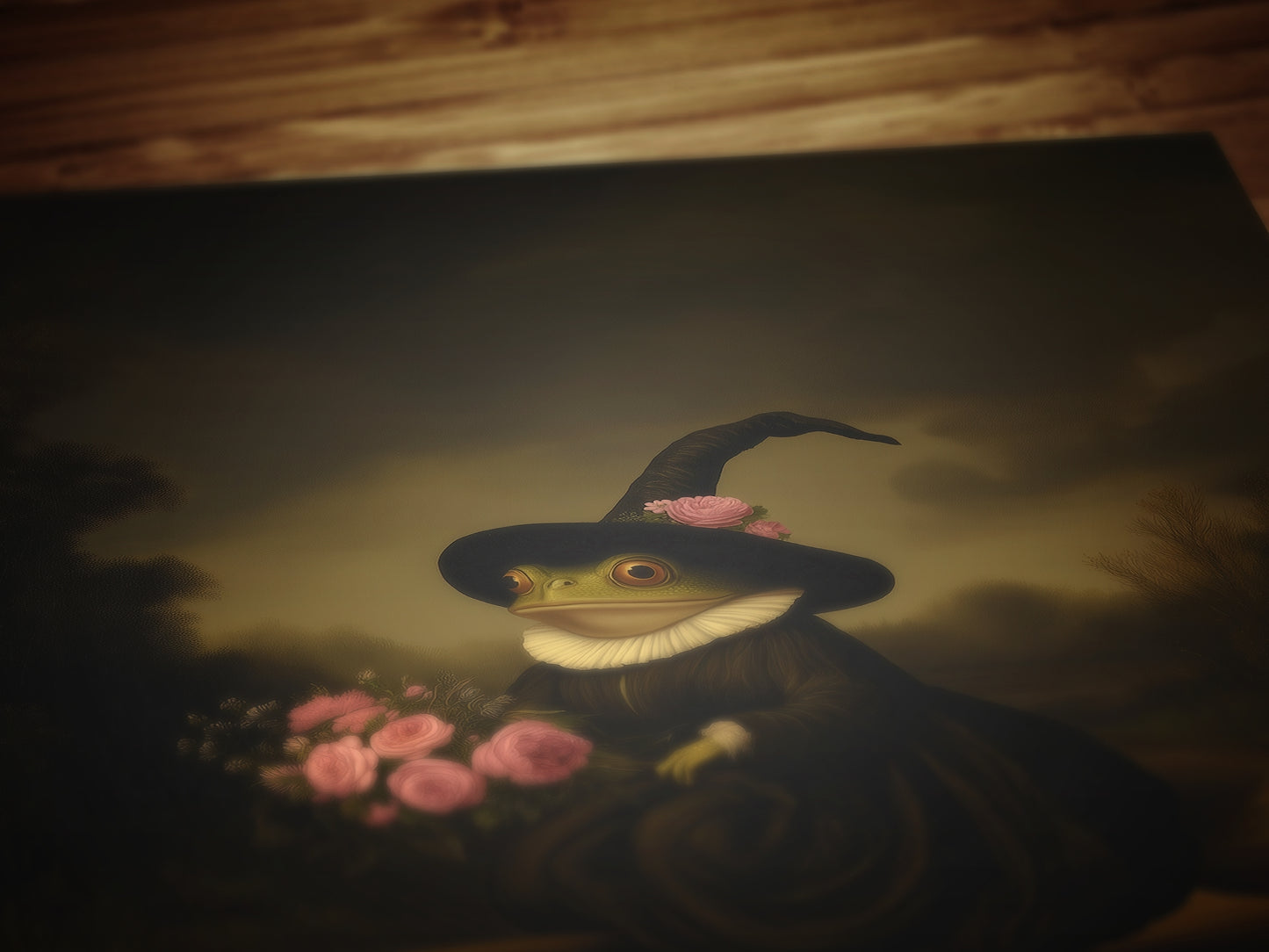 Floral Witch Frog Riding A Broom, Vintage Gallery Wall Art Painting Poster, Dark Academia Decor, Gothic Victorian, Occult Wicca Fantasy