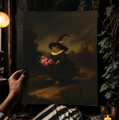 Floral Witch Frog Riding A Broom, Vintage Gallery Wall Art Painting Poster, Dark Academia Decor, Gothic Victorian, Occult Wicca Fantasy