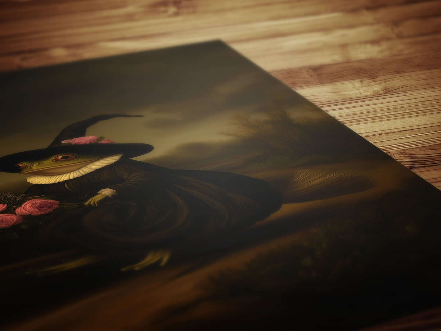 Floral Witch Frog Riding A Broom, Vintage Gallery Wall Art Painting Poster, Dark Academia Decor, Gothic Victorian, Occult Wicca Fantasy