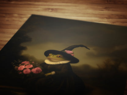 Floral Witch Frog Riding A Broom, Vintage Gallery Wall Art Painting Poster, Dark Academia Decor, Gothic Victorian, Occult Wicca Fantasy