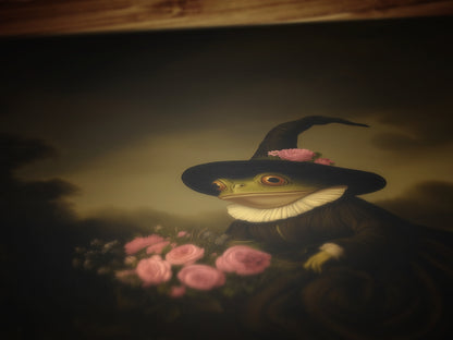 Floral Witch Frog Riding A Broom, Vintage Gallery Wall Art Painting Poster, Dark Academia Decor, Gothic Victorian, Occult Wicca Fantasy