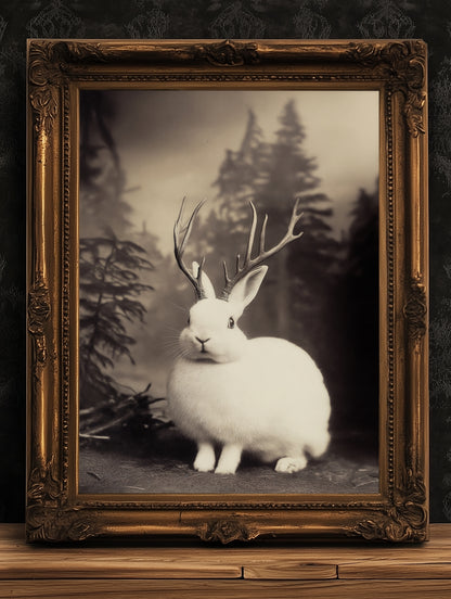 Vintage Jackalope Art Print, Surreal Hare Hybrid Wall Decor, Mystical Woodland Animal Portrait, Cryptozoology Retro Photography, Cryptid Art