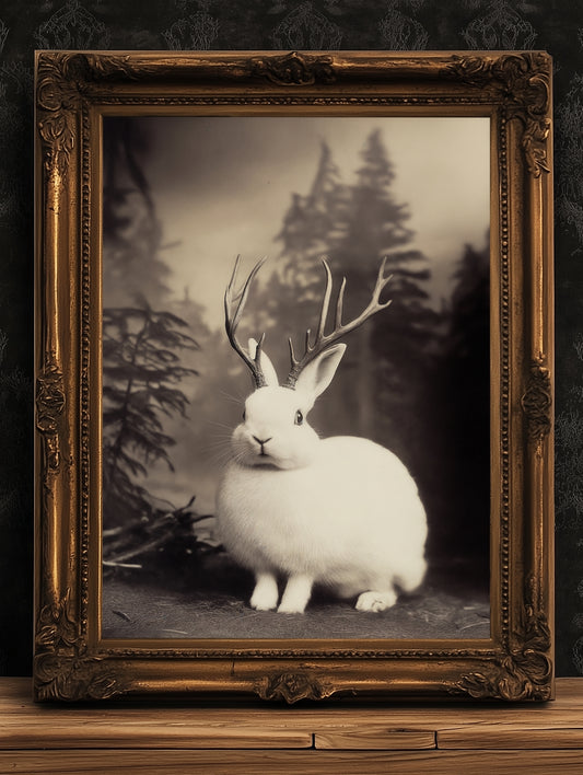 Vintage Jackalope Art Print, Surreal Hare Hybrid Wall Decor, Mystical Woodland Animal Portrait, Cryptozoology Retro Photography, Cryptid Art