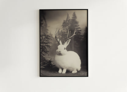 Vintage Jackalope Art Print, Surreal Hare Hybrid Wall Decor, Mystical Woodland Animal Portrait, Cryptozoology Retro Photography, Cryptid Art