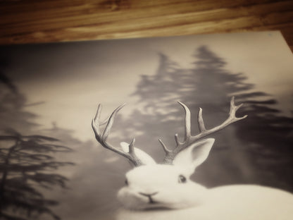 Vintage Jackalope Art Print, Surreal Hare Hybrid Wall Decor, Mystical Woodland Animal Portrait, Cryptozoology Retro Photography, Cryptid Art