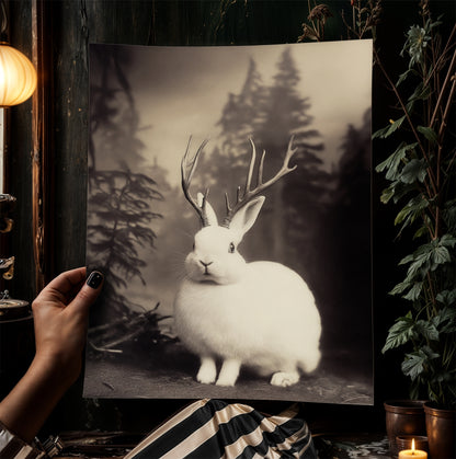 Vintage Jackalope Art Print, Surreal Hare Hybrid Wall Decor, Mystical Woodland Animal Portrait, Cryptozoology Retro Photography, Cryptid Art