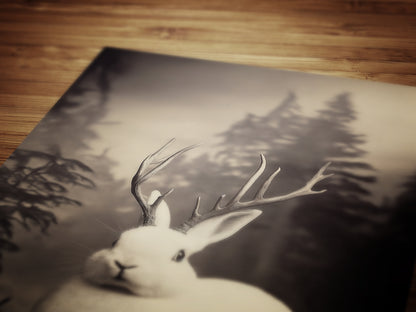 Vintage Jackalope Art Print, Surreal Hare Hybrid Wall Decor, Mystical Woodland Animal Portrait, Cryptozoology Retro Photography, Cryptid Art