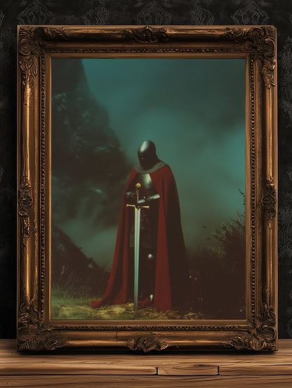 Medieval Knight with Sword Art Print, Gothic Fantasy Warrior Wall Decor, Epic Dark Knight Artwork, Medieval Art Castle Core Aesthetic Poster