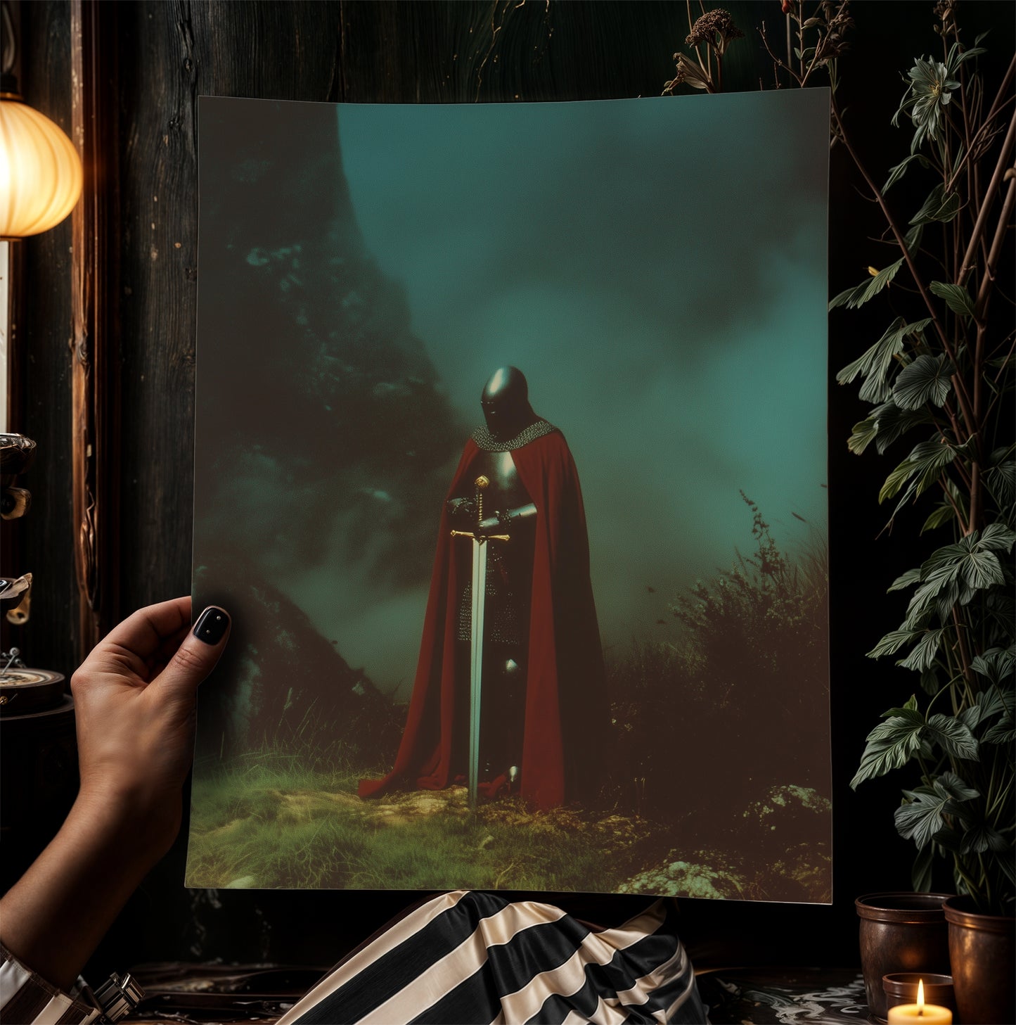 Medieval Knight with Sword Art Print, Gothic Fantasy Warrior Wall Decor, Epic Dark Knight Artwork, Medieval Art Castle Core Aesthetic Poster