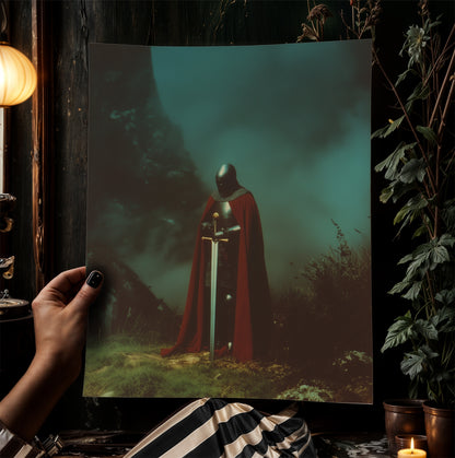 Medieval Knight with Sword Art Print, Gothic Fantasy Warrior Wall Decor, Epic Dark Knight Artwork, Medieval Art Castle Core Aesthetic Poster