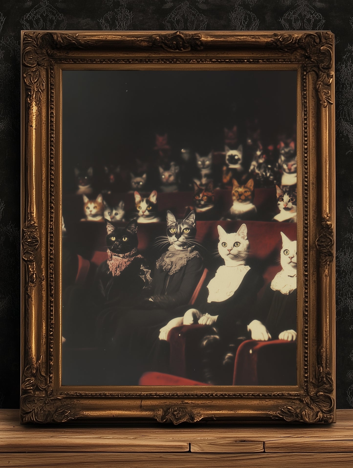 Victorian Cats in Theatre Art Print, Whimsical Feline Wall Decor, Vintage Anthropomorphic Cats Portrait, Gothic Animal Aesthetic Poster
