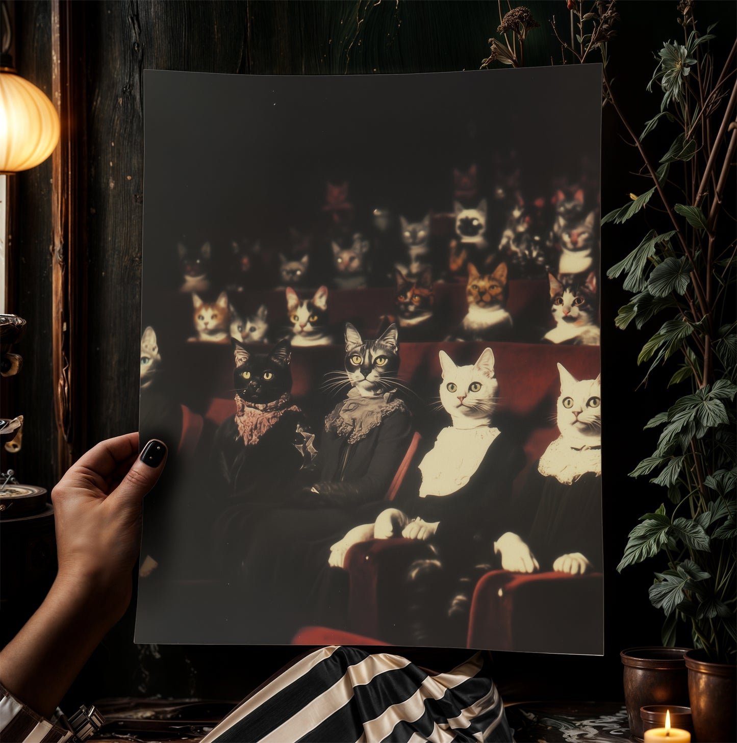 Victorian Cats in Theatre Art Print, Whimsical Feline Wall Decor, Vintage Anthropomorphic Cats Portrait, Gothic Animal Aesthetic Poster