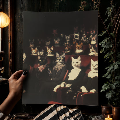 Victorian Cats in Theatre Art Print, Whimsical Feline Wall Decor, Vintage Anthropomorphic Cats Portrait, Gothic Animal Aesthetic Poster