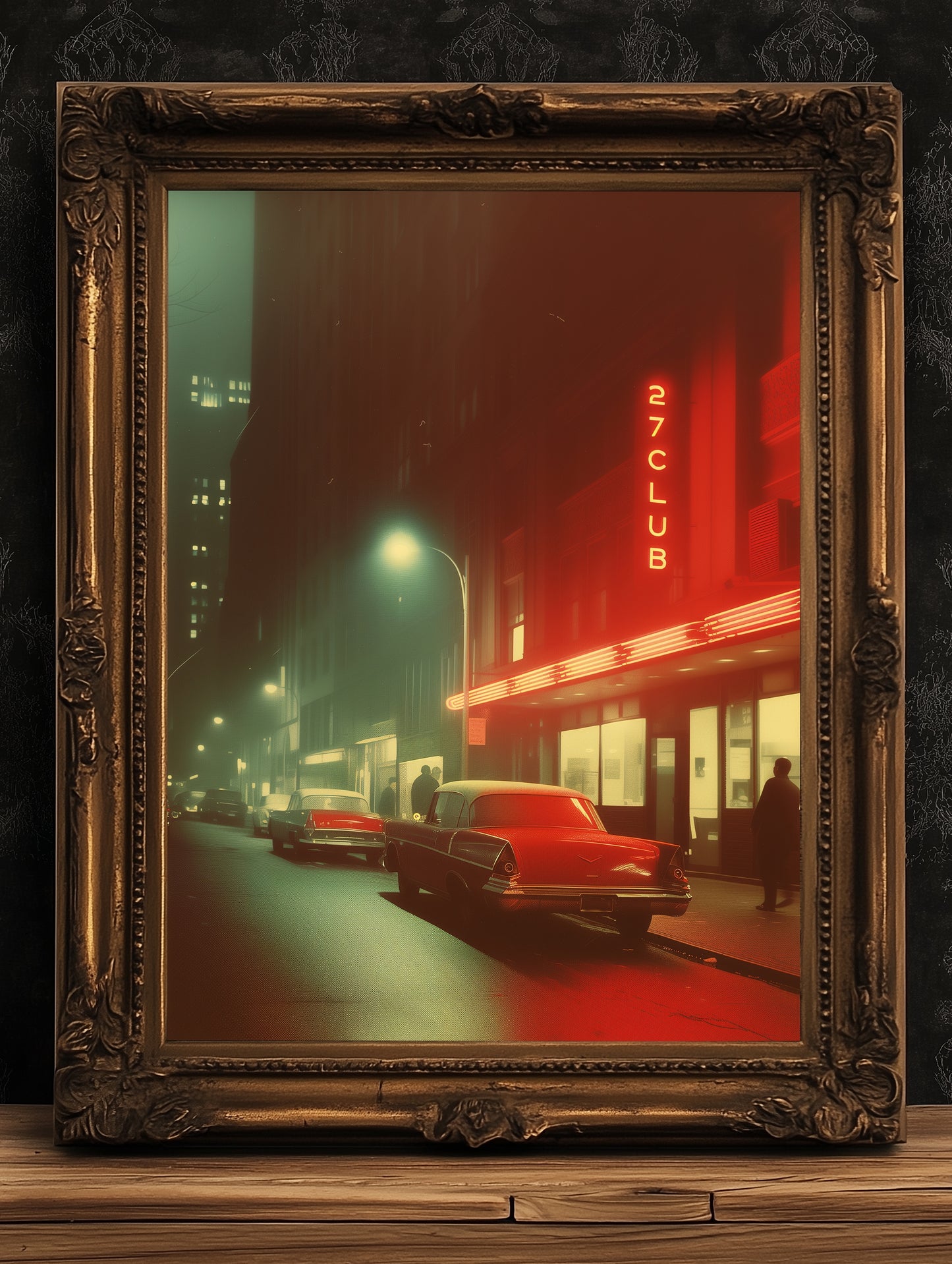 Vintage 27 Club Neon Street Scene Art Print, Retro Urban Nightlife Wall Decor, Film Noir-Inspired Cityscape, Classic Car and Neon Aesthetic