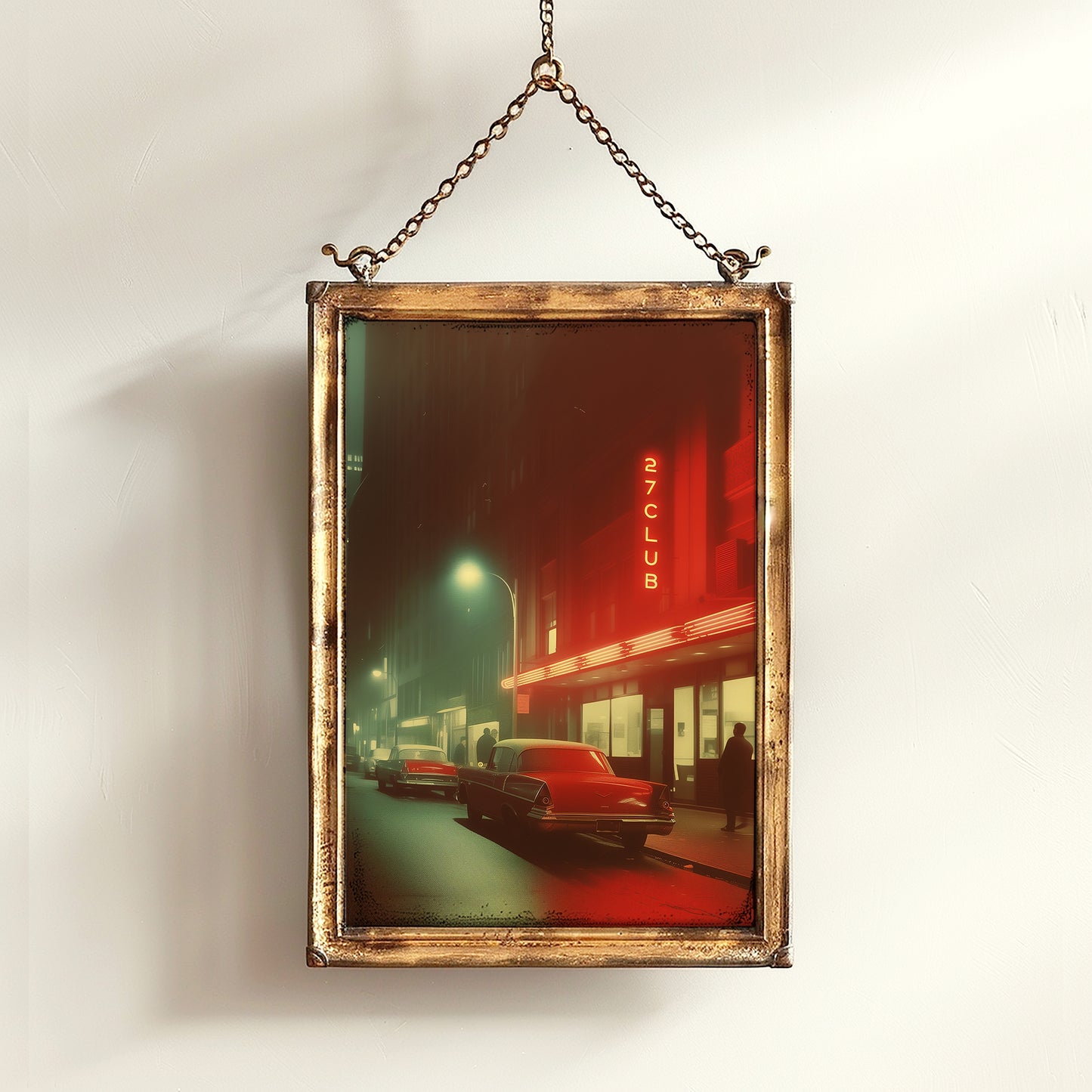 Vintage 27 Club Neon Street Scene Art Print, Retro Urban Nightlife Wall Decor, Film Noir-Inspired Cityscape, Classic Car and Neon Aesthetic