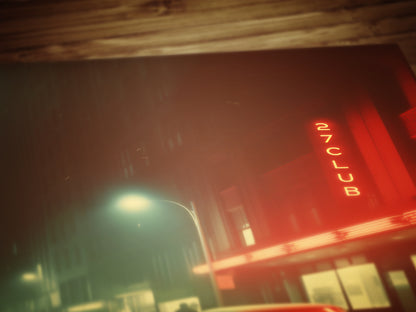 Vintage 27 Club Neon Street Scene Art Print, Retro Urban Nightlife Wall Decor, Film Noir-Inspired Cityscape, Classic Car and Neon Aesthetic