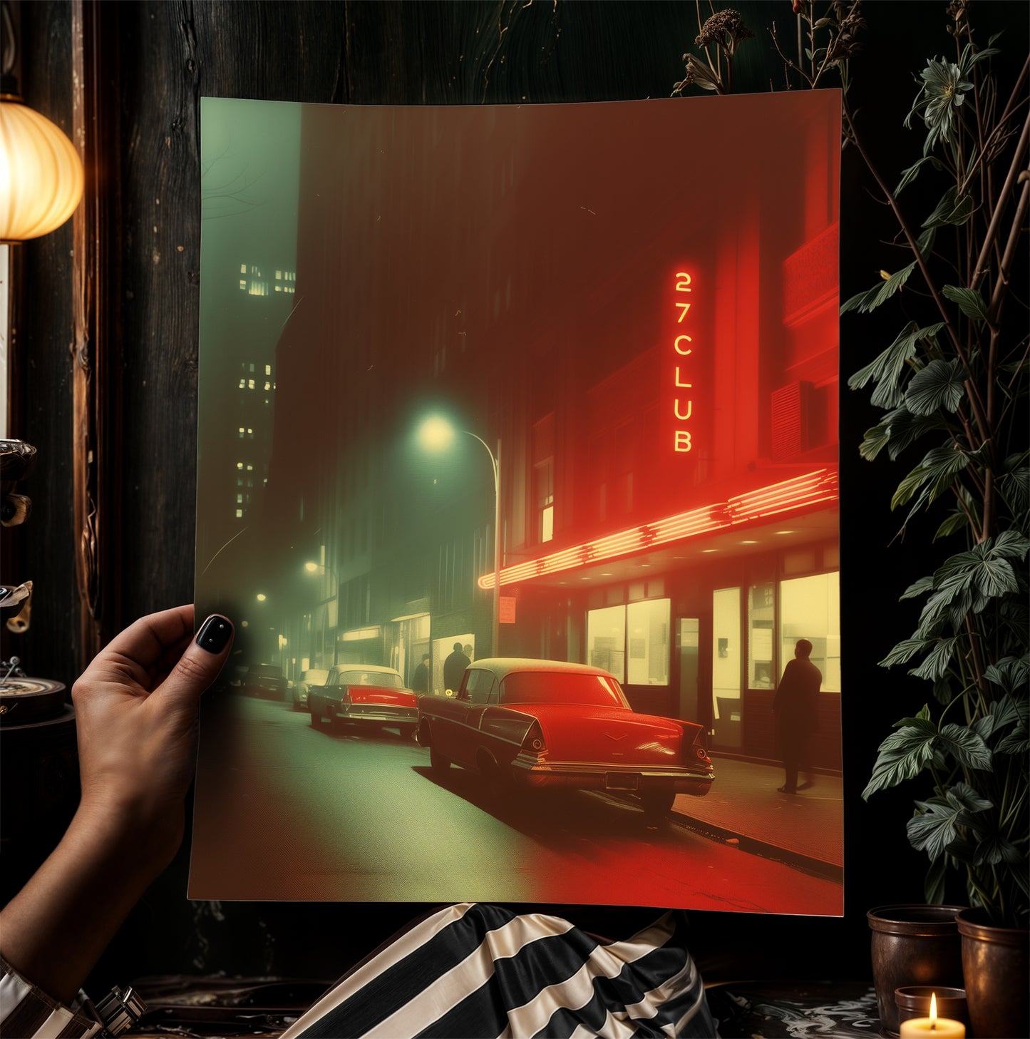 Vintage 27 Club Neon Street Scene Art Print, Retro Urban Nightlife Wall Decor, Film Noir-Inspired Cityscape, Classic Car and Neon Aesthetic