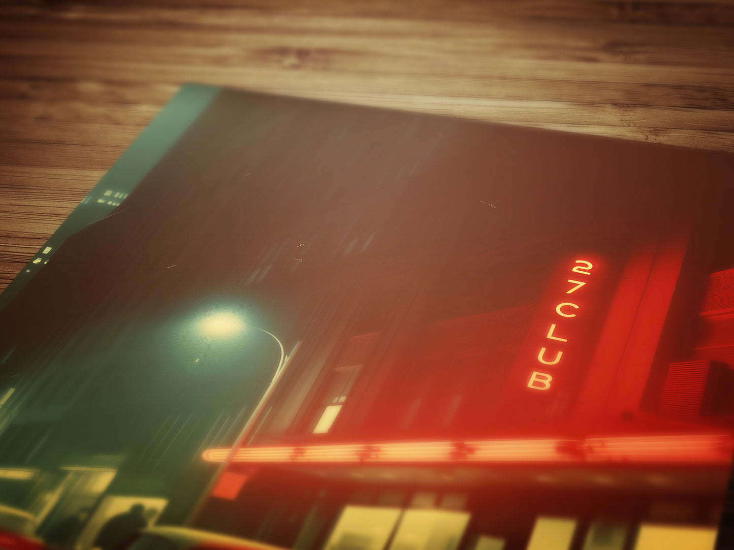 Vintage 27 Club Neon Street Scene Art Print, Retro Urban Nightlife Wall Decor, Film Noir-Inspired Cityscape, Classic Car and Neon Aesthetic