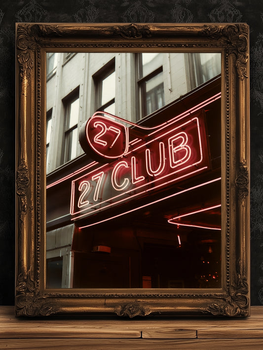 27 Club Neon Sign Wall Art, Vintage Urban Decor, Retro Aesthetic Signage Print, Grunge-Inspired Wall Decor, Edgy Music Bar Art Poster