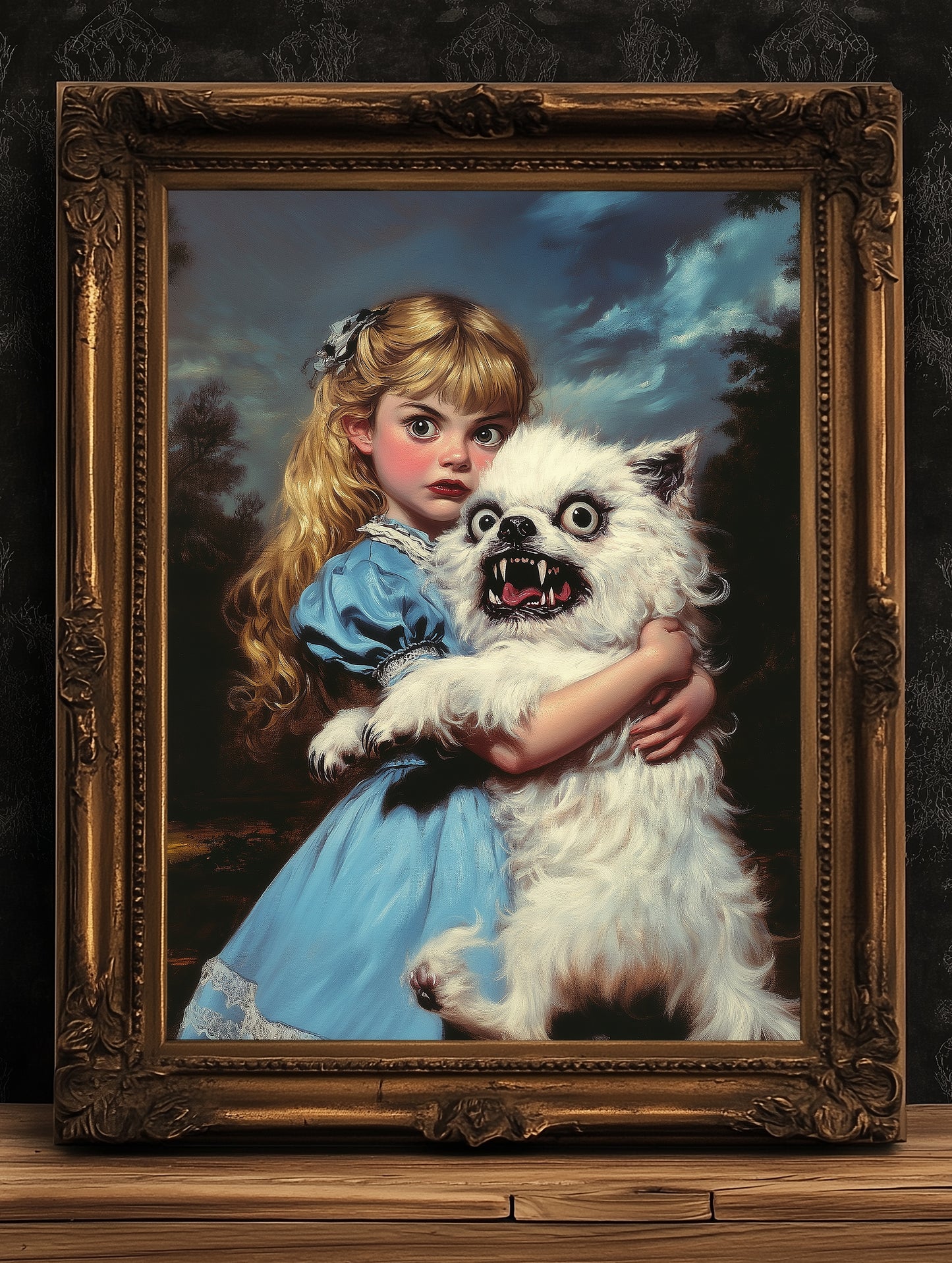 Whimsical Creepy Girl Holding Ugly Dog Painting, Victorian Gothic Decor, Surreal Weird Creepy Wall Art, Aesthetic Weird Items Gift