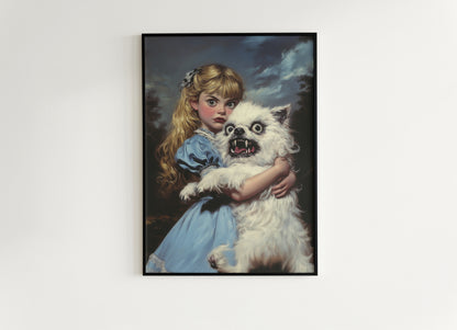 Whimsical Creepy Girl Holding Ugly Dog Painting, Victorian Gothic Decor, Surreal Weird Creepy Wall Art, Aesthetic Weird Items Gift