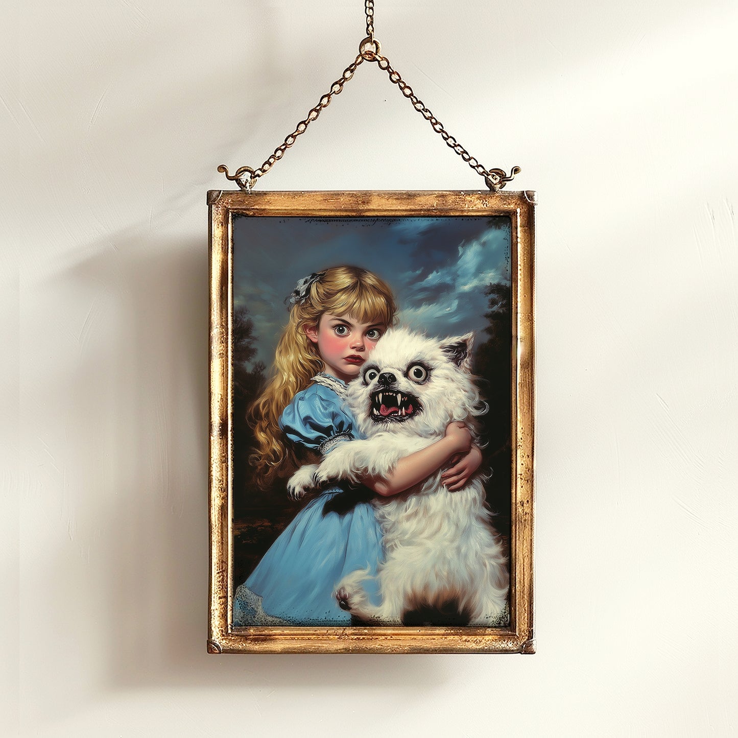 Whimsical Creepy Girl Holding Ugly Dog Painting, Victorian Gothic Decor, Surreal Weird Creepy Wall Art, Aesthetic Weird Items Gift