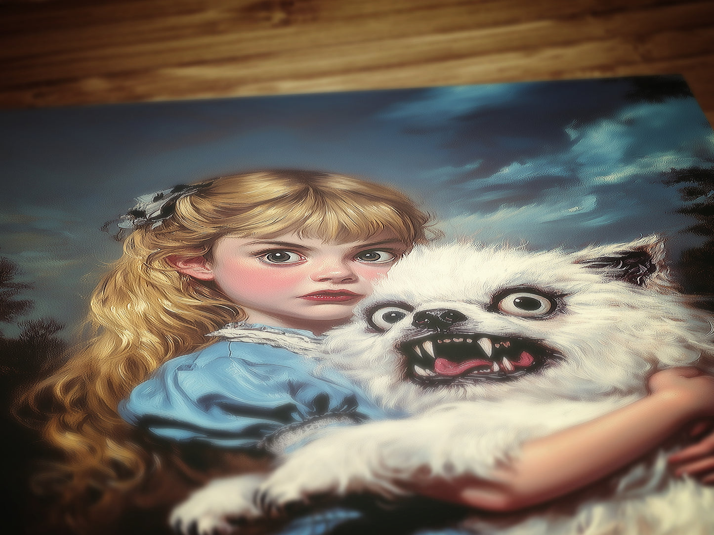 Whimsical Creepy Girl Holding Ugly Dog Painting, Victorian Gothic Decor, Surreal Weird Creepy Wall Art, Aesthetic Weird Items Gift