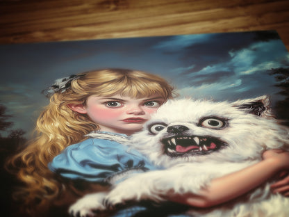 Whimsical Creepy Girl Holding Ugly Dog Painting, Victorian Gothic Decor, Surreal Weird Creepy Wall Art, Aesthetic Weird Items Gift