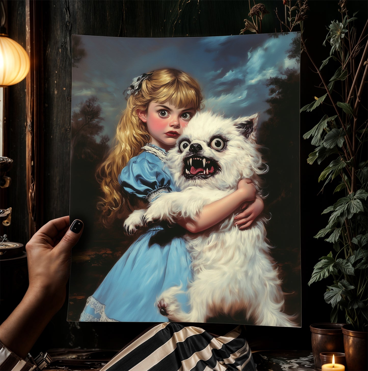 Whimsical Creepy Girl Holding Ugly Dog Painting, Victorian Gothic Decor, Surreal Weird Creepy Wall Art, Aesthetic Weird Items Gift