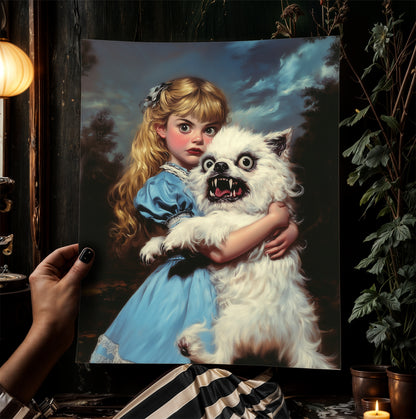 Whimsical Creepy Girl Holding Ugly Dog Painting, Victorian Gothic Decor, Surreal Weird Creepy Wall Art, Aesthetic Weird Items Gift
