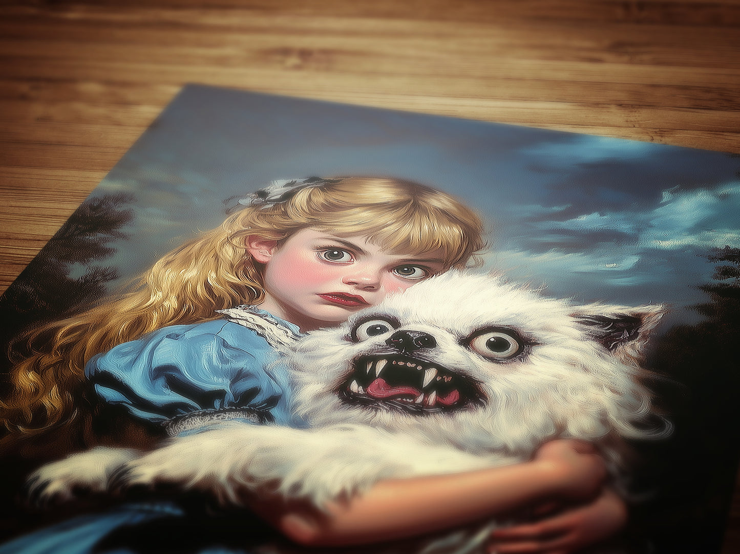Whimsical Creepy Girl Holding Ugly Dog Painting, Victorian Gothic Decor, Surreal Weird Creepy Wall Art, Aesthetic Weird Items Gift