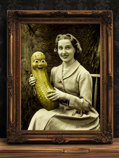 Help! I'm in a Pickle, Vintage-Style Poster Quirky Woman Holding a Smiling Pickle, Retro Humor Decor, Aesthetic Weird Art Items Gift