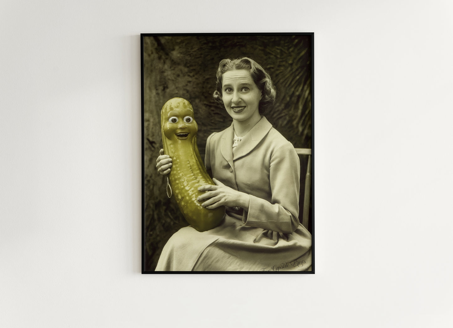 Help! I'm in a Pickle, Vintage-Style Poster Quirky Woman Holding a Smiling Pickle, Retro Humor Decor, Aesthetic Weird Art Items Gift