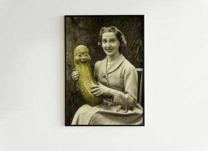 Help! I'm in a Pickle, Vintage-Style Poster Quirky Woman Holding a Smiling Pickle, Retro Humor Decor, Aesthetic Weird Art Items Gift