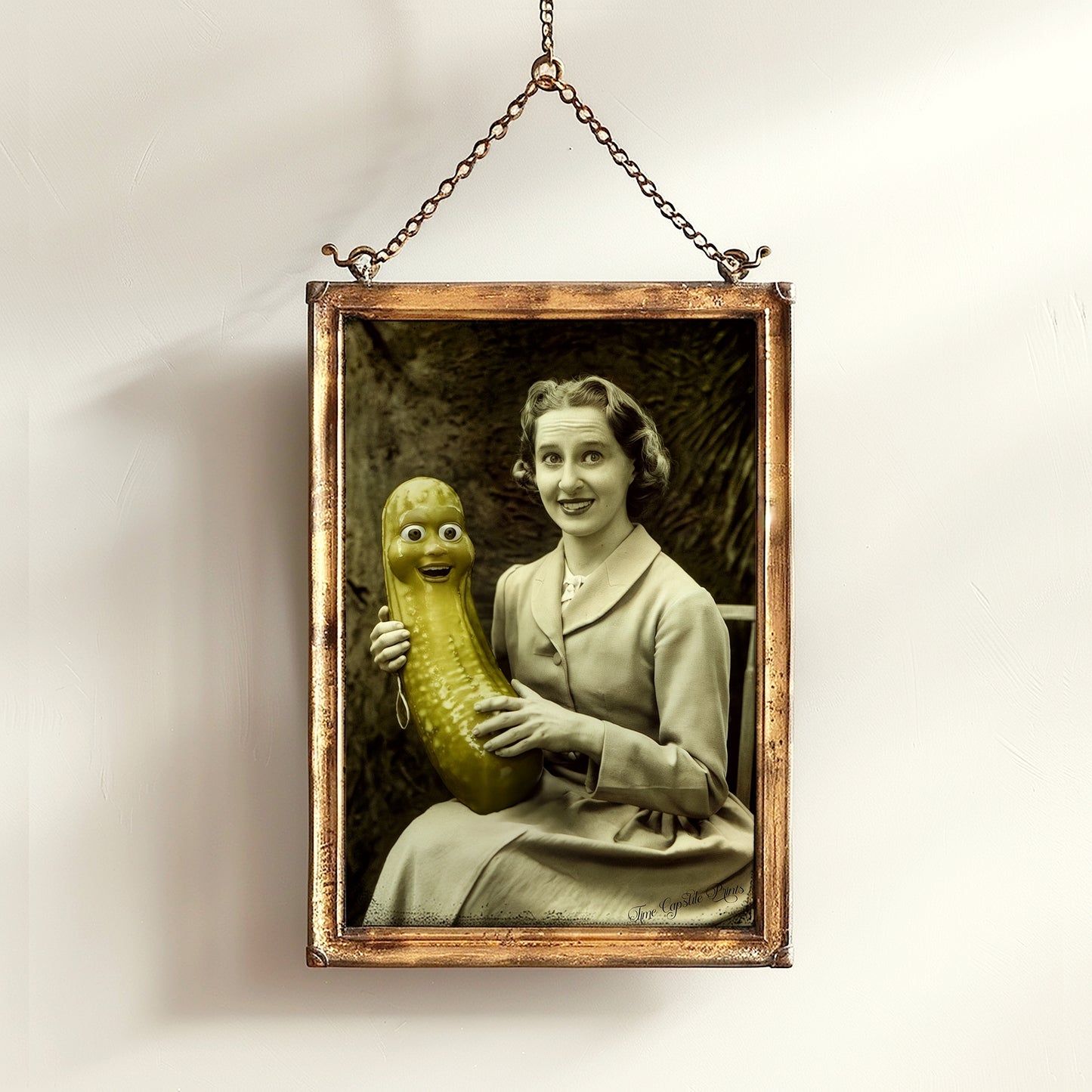 Help! I'm in a Pickle, Vintage-Style Poster Quirky Woman Holding a Smiling Pickle, Retro Humor Decor, Aesthetic Weird Art Items Gift
