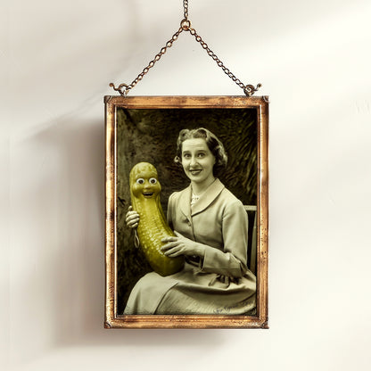 Help! I'm in a Pickle, Vintage-Style Poster Quirky Woman Holding a Smiling Pickle, Retro Humor Decor, Aesthetic Weird Art Items Gift