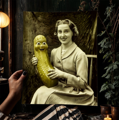 Help! I'm in a Pickle, Vintage-Style Poster Quirky Woman Holding a Smiling Pickle, Retro Humor Decor, Aesthetic Weird Art Items Gift