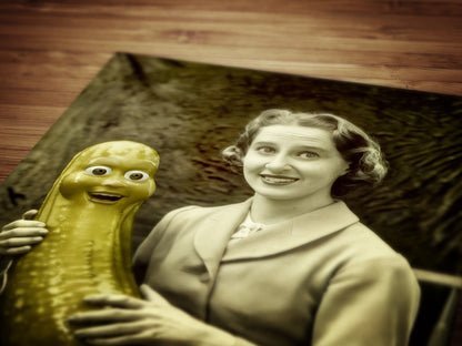 Help! I'm in a Pickle, Vintage-Style Poster Quirky Woman Holding a Smiling Pickle, Retro Humor Decor, Aesthetic Weird Art Items Gift