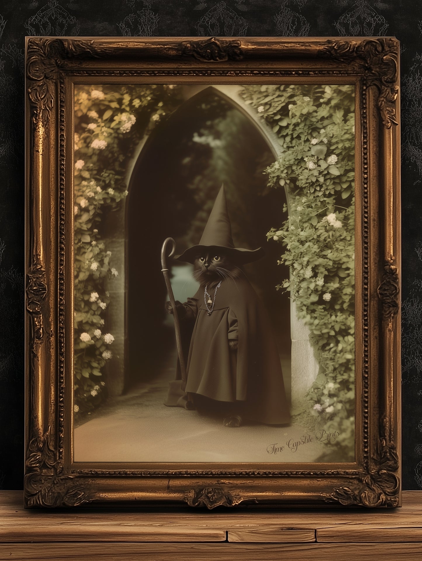 Vintage Retro Aesthetic Poster, Black Cat Witch Art Print, Feline Wizard in a Mystical Garden | Dark Academia, Whimsical Wall Art