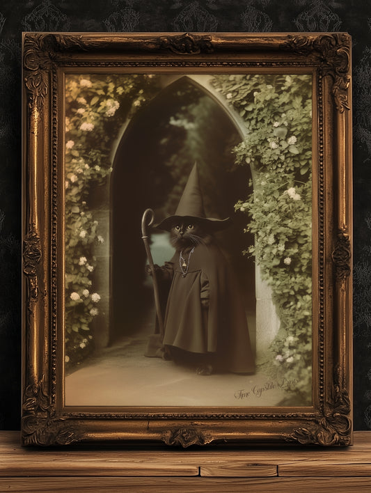 Vintage Retro Aesthetic Poster, Black Cat Witch Art Print, Feline Wizard in a Mystical Garden | Dark Academia, Whimsical Wall Art