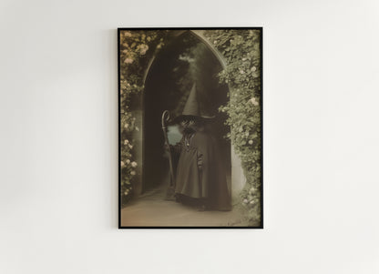Vintage Retro Aesthetic Poster, Black Cat Witch Art Print, Feline Wizard in a Mystical Garden | Dark Academia, Whimsical Wall Art