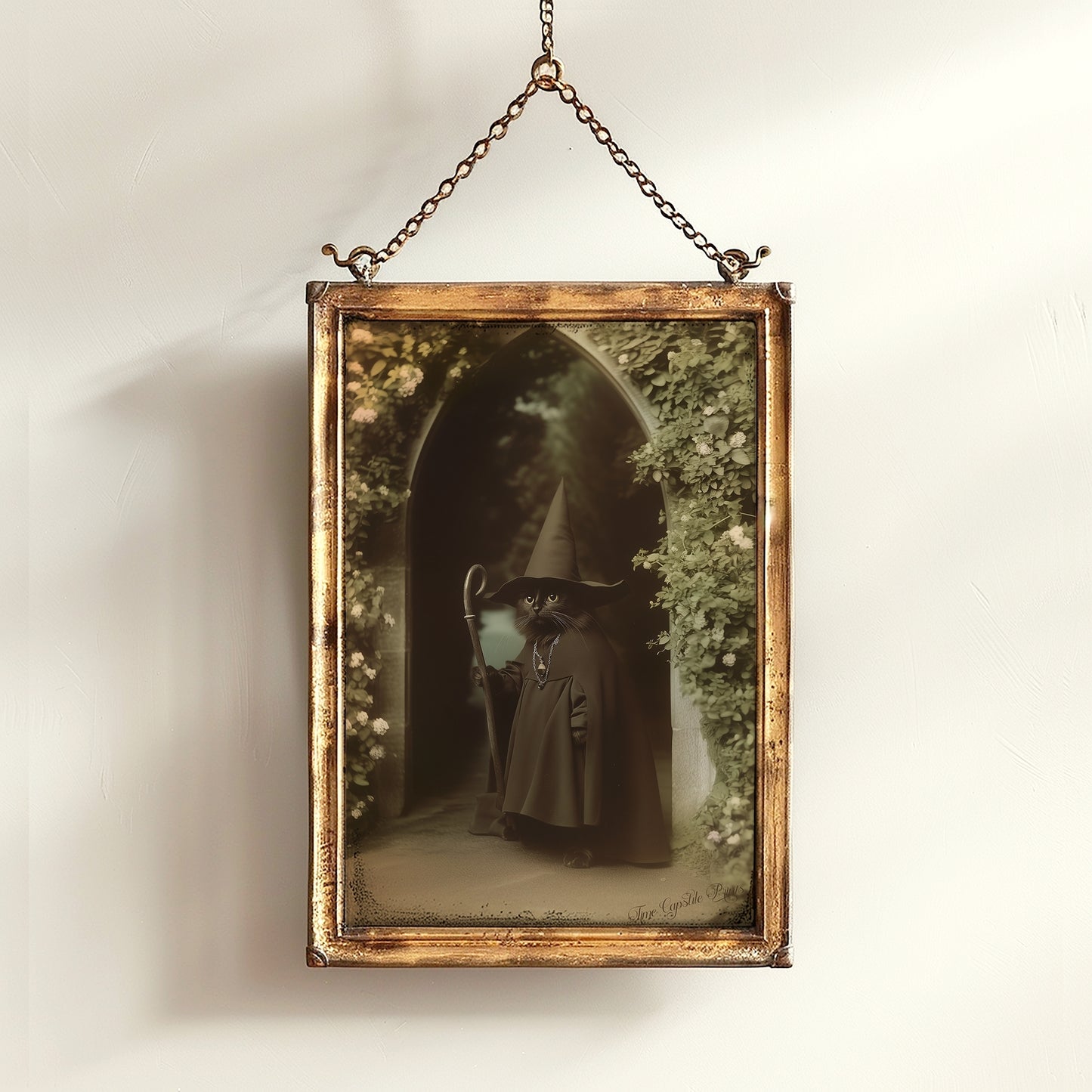 Vintage Retro Aesthetic Poster, Black Cat Witch Art Print, Feline Wizard in a Mystical Garden | Dark Academia, Whimsical Wall Art